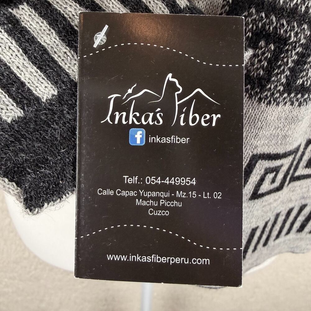 Inka's Fiber Open Scarf 100% Baby Alpaca 73"x9.5" Gray Black Greek Pattern Peru - Picture 6 of 8